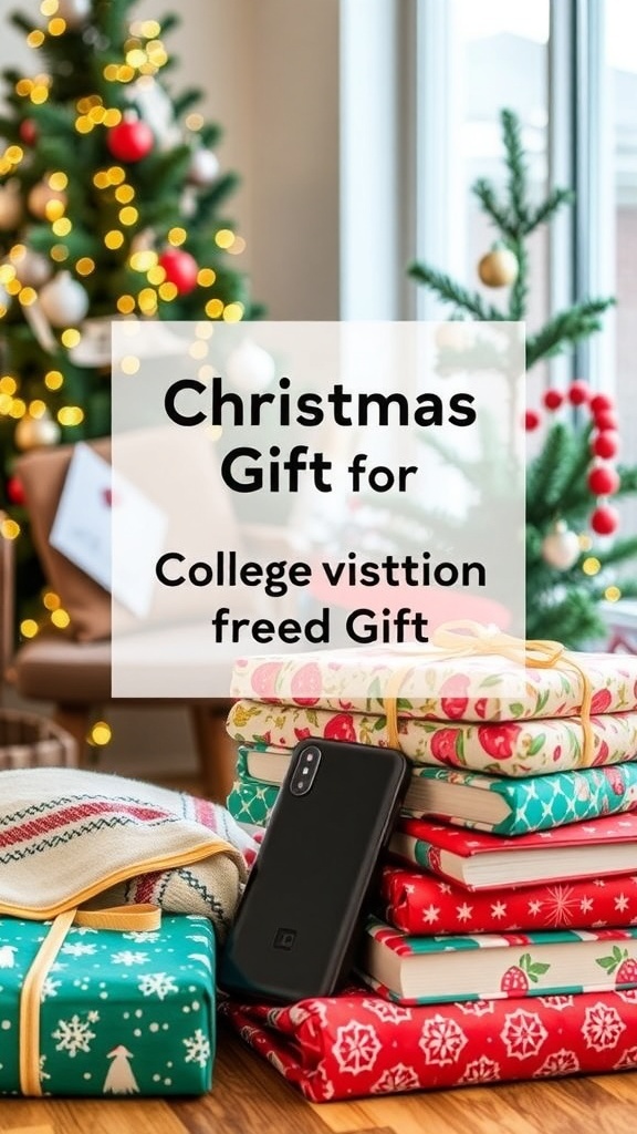 A collection of Christmas gifts for college students, including a backpack, blanket, and charger, with a Christmas tree in the background.